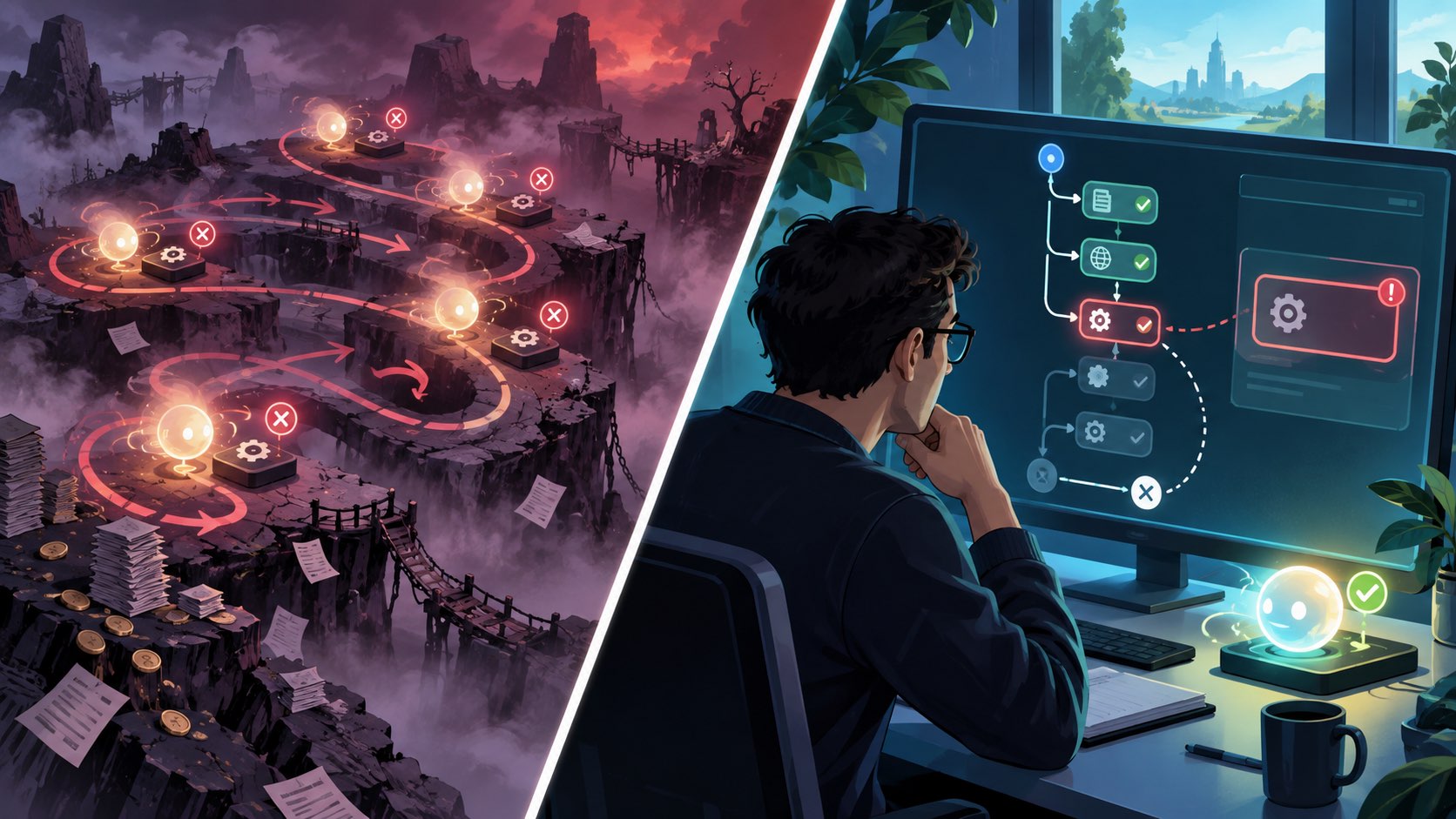 Split illustration showing a costly AI agent loop before tracing and an engineer finding a failed tool step after observability