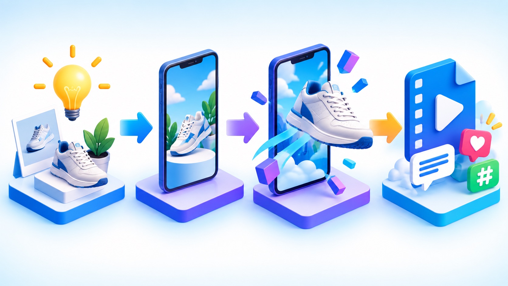 Four-stage AI video workflow from idea and source image to platform framing, 3D breakout motion, and social-ready export