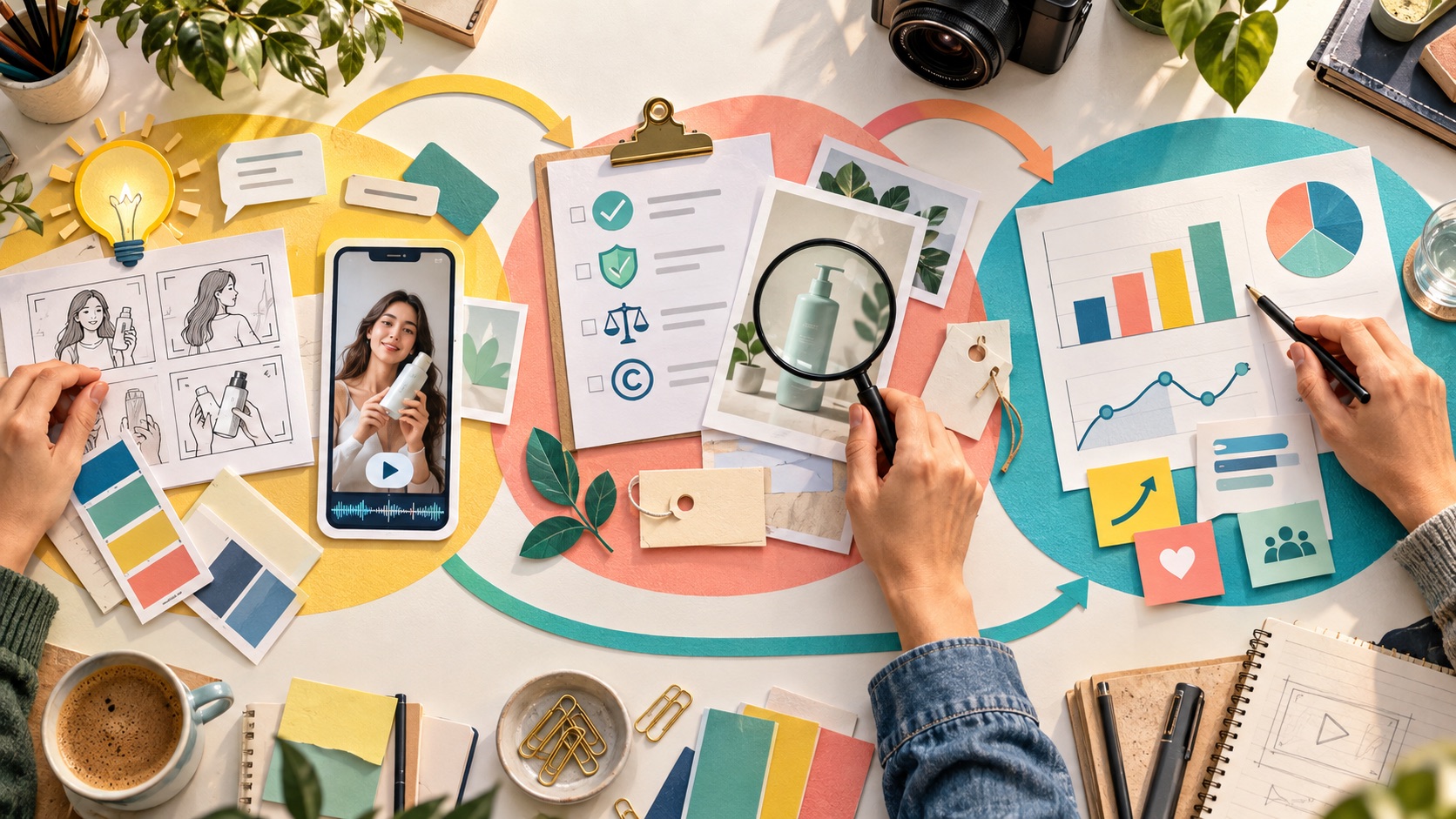 Creative workbench linking AI video storytelling, product accuracy and rights review, and performance analysis skills