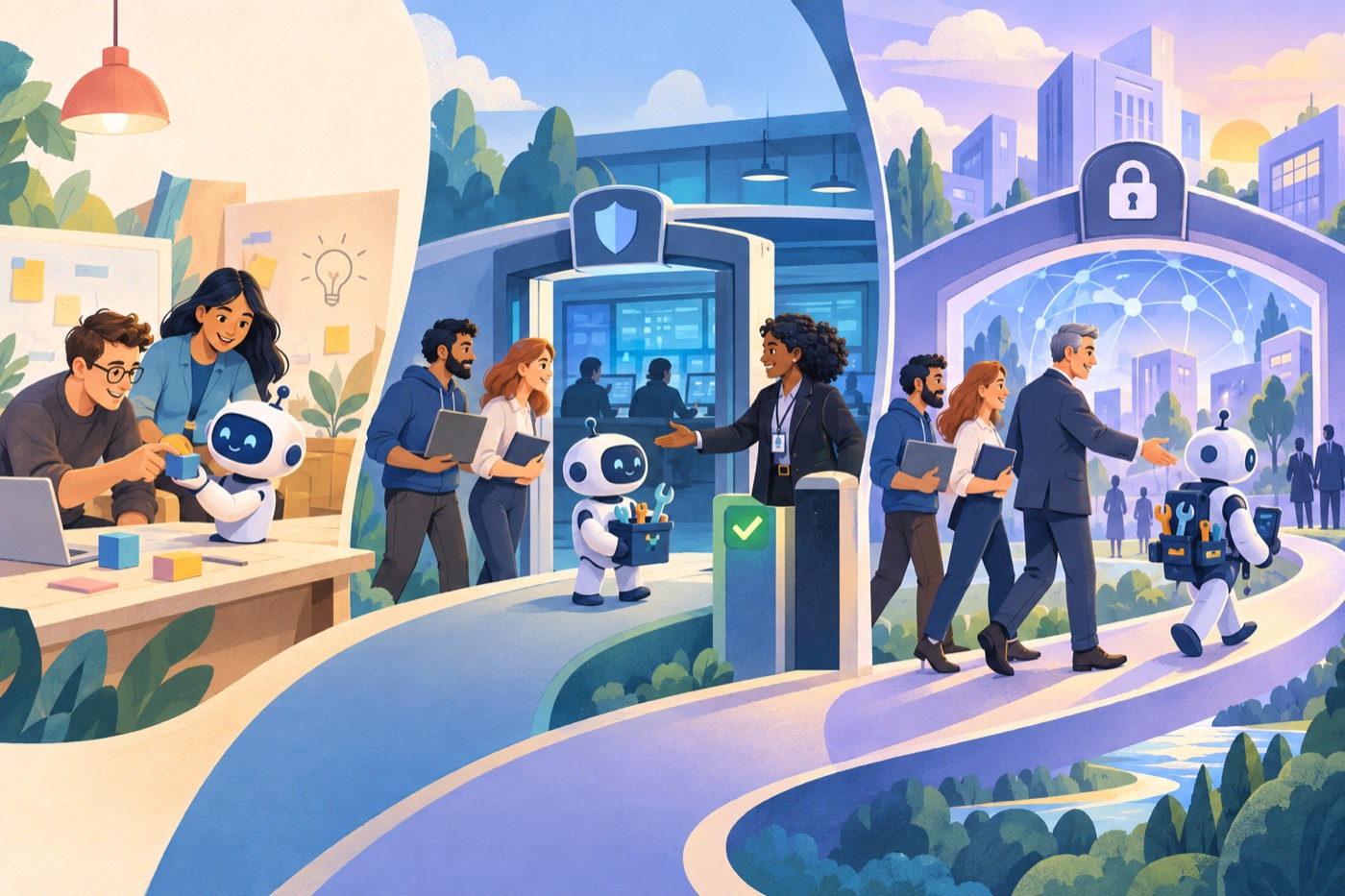 Editorial journey showing a team moving an AI agent from a small prototype through controlled production gates to a governed enterprise environment