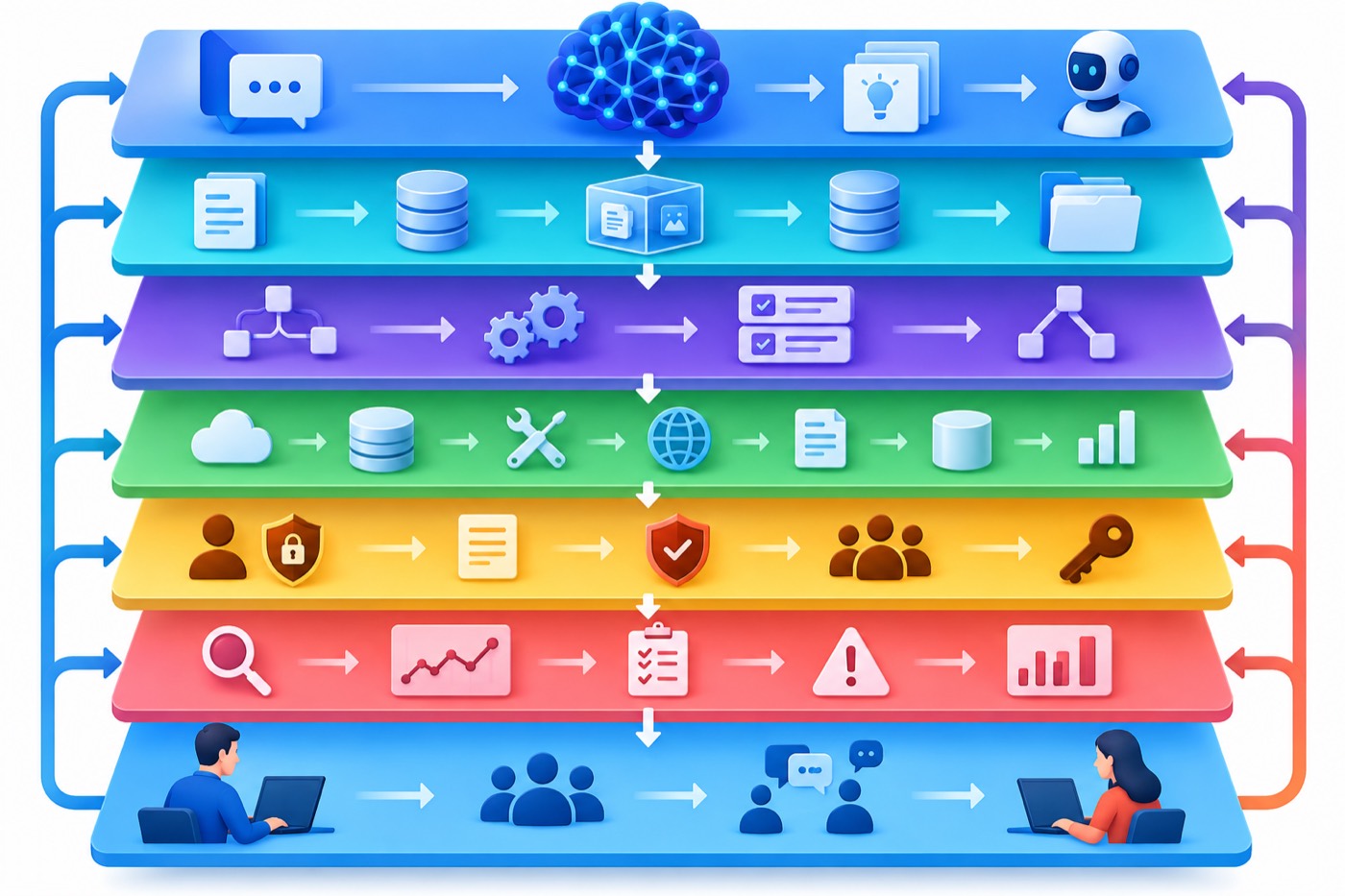 Seven-layer AI agent infrastructure diagram showing intelligence, context, runtime, tools, security, evaluation, and human operations connected by feedback loops