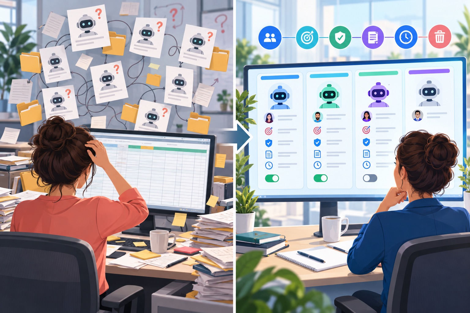 Split-screen illustration contrasting a chaotic spreadsheet of unknown AI agents with an actionable governed agent registry