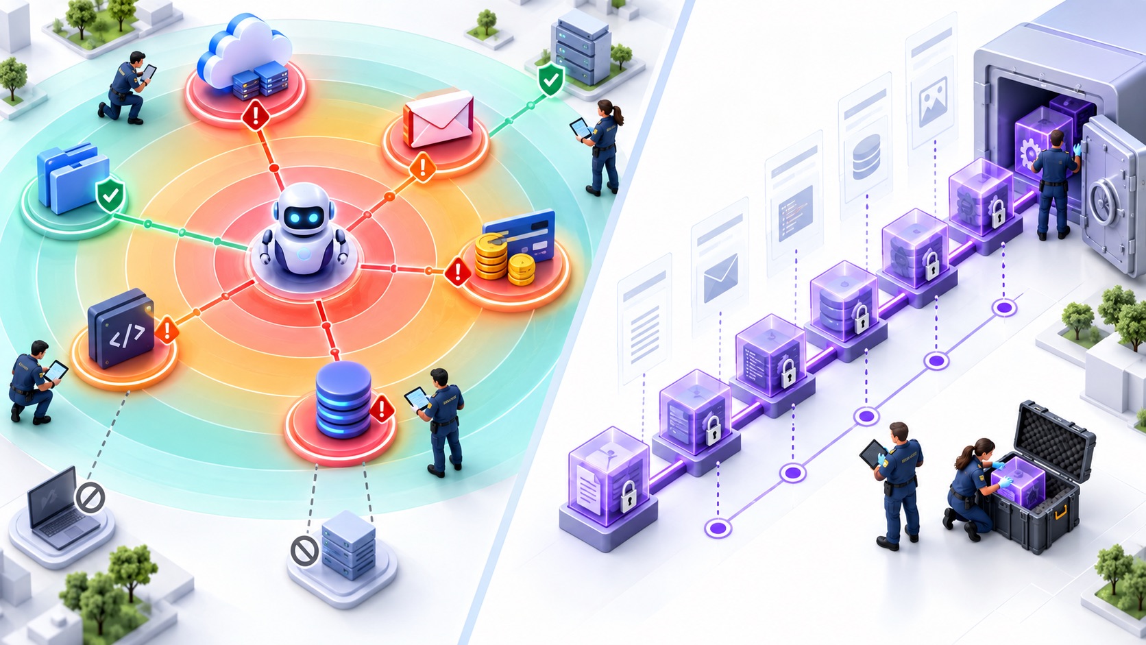 AI agent blast-radius map across cloud, email, code, payments, and databases beside a protected evidence timeline