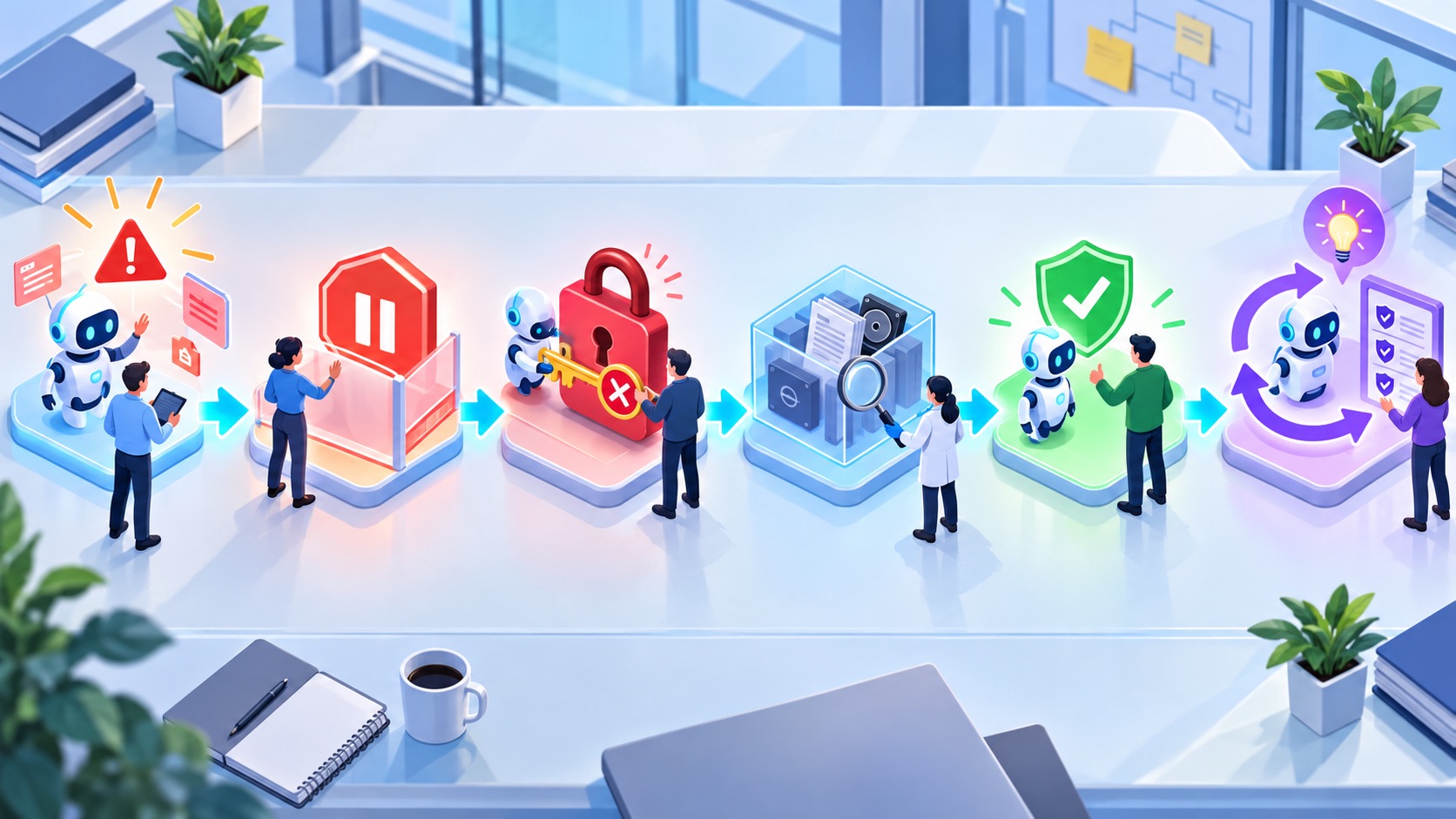 Six-stage AI agent incident response workflow from detection and pausing through evidence preservation, recovery, and learning
