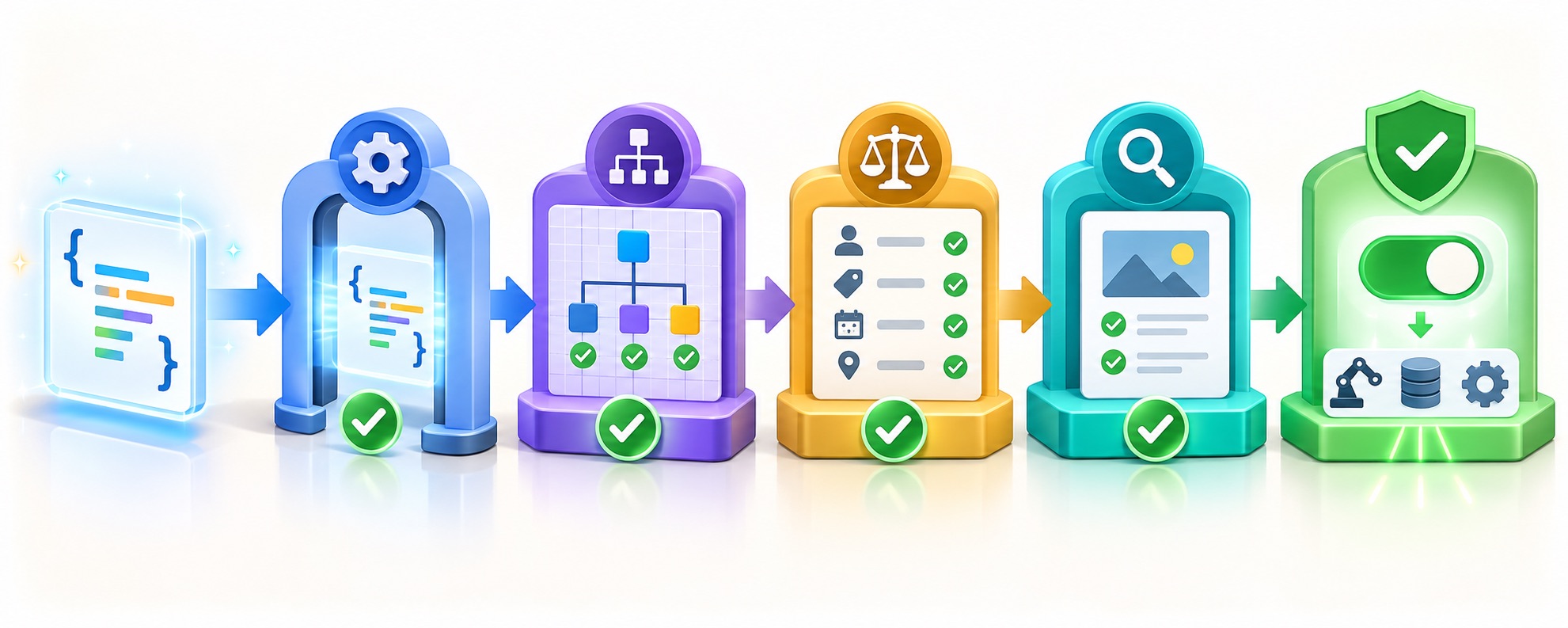 Icon-based flow from JSON parsing through schema, business-rule, evidence, and safe-action validation gates