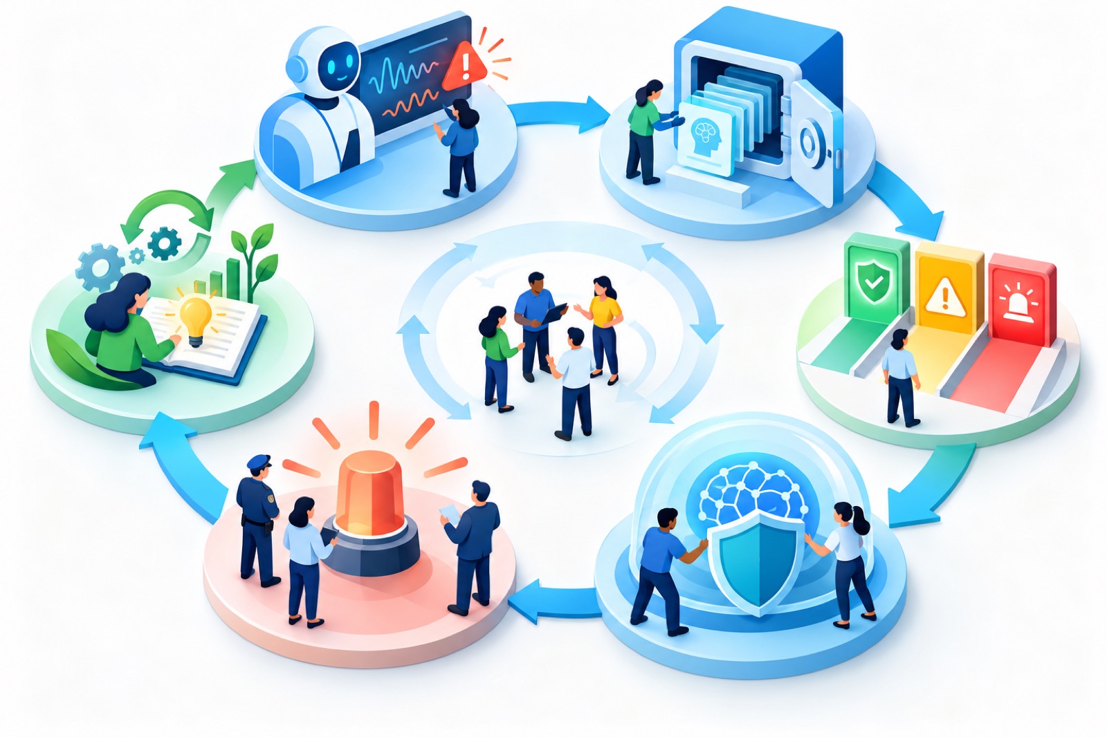 Circular AI incident reporting lifecycle showing detection, evidence preservation, severity classification, containment, notification, and learning