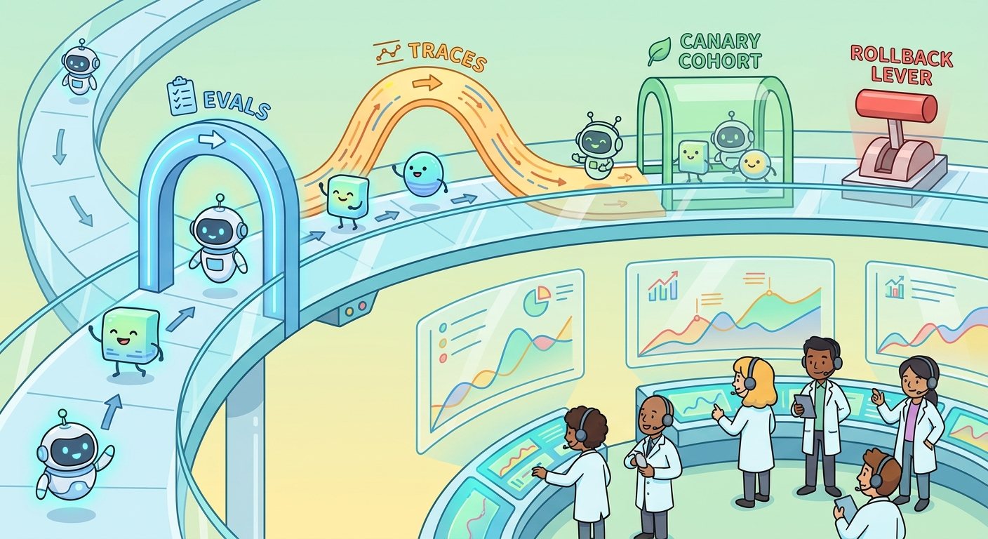 Cartoon-style release room showing AI agents moving through eval, trace, canary, and rollback gates