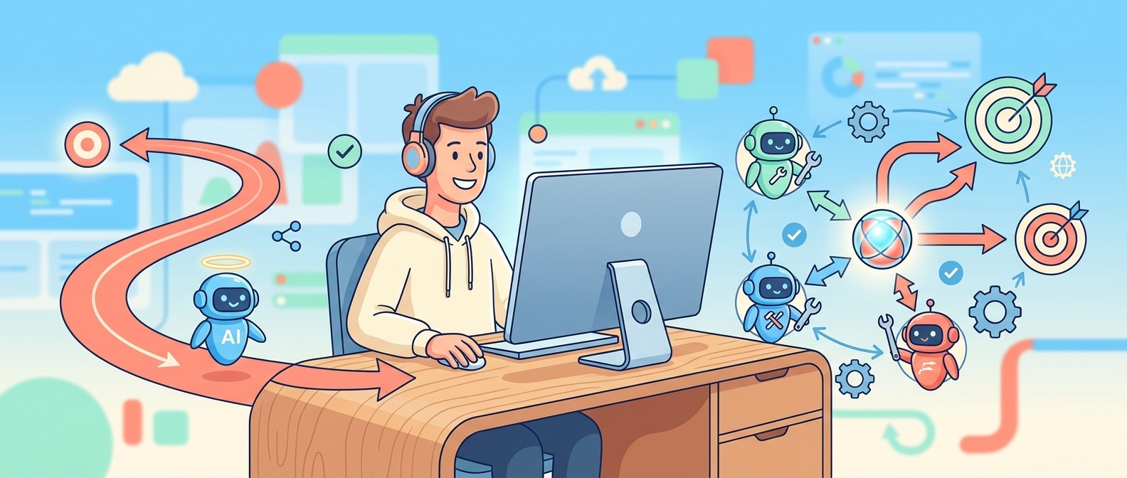Diagrammatic illustration of a focused single AI agent and coordinated specialist agents