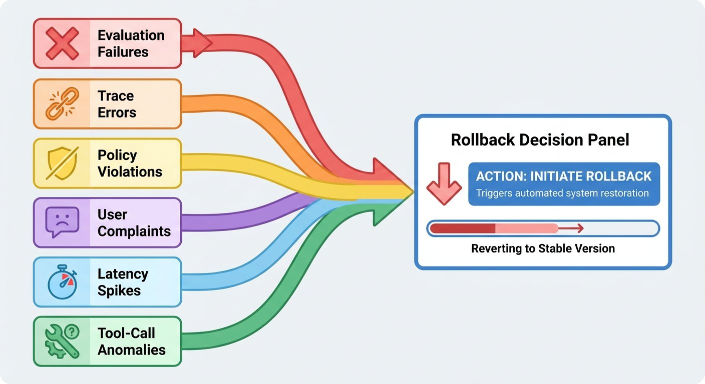 Flow diagram of AI agent rollback triggers including eval failures, trace errors, policy hits, user reports, latency spikes, and tool anomalies