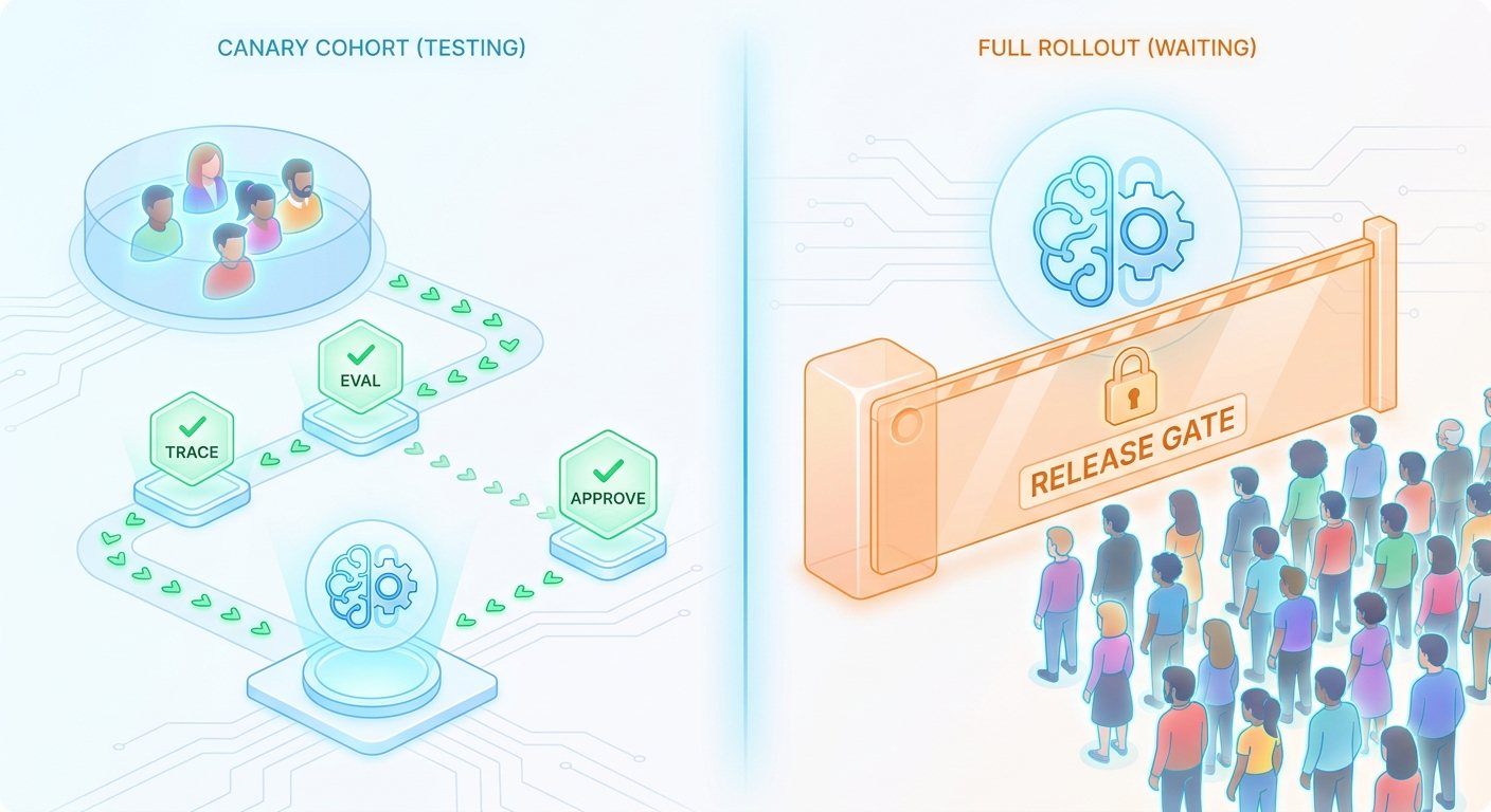 Split-screen illustration showing a small canary cohort testing an AI agent before a full rollout gate opens