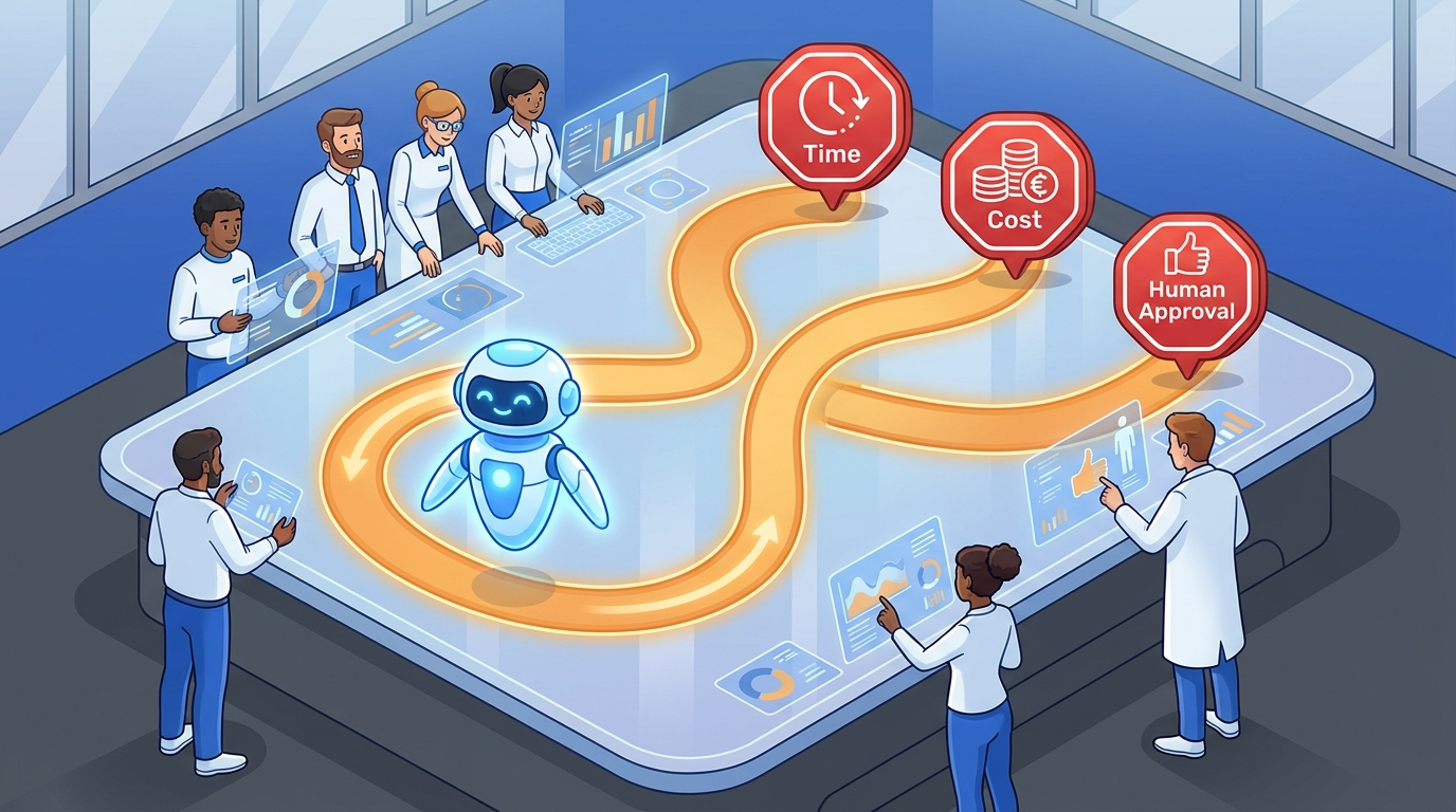 Illustrated control room showing an AI agent run with visible time, cost, action, and approval limit gauges