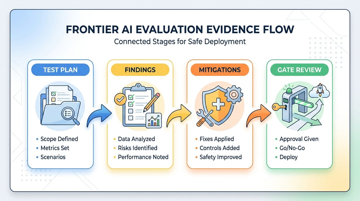 Gemini-generated evidence flow diagram from test plan to findings mitigations and deployment gate review