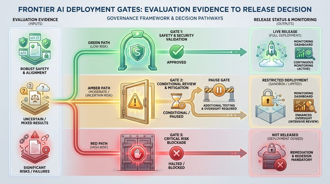 Gemini-generated deployment gate matrix showing green amber and red frontier AI release decision paths