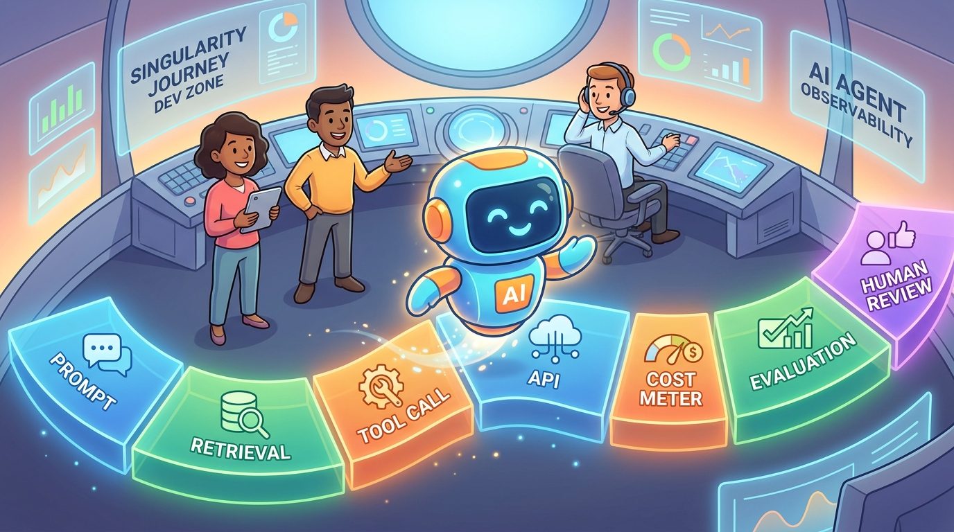 Cartoon developers observing an AI agent moving through trace spans, tool calls, cost meters, evaluations, and human review gates