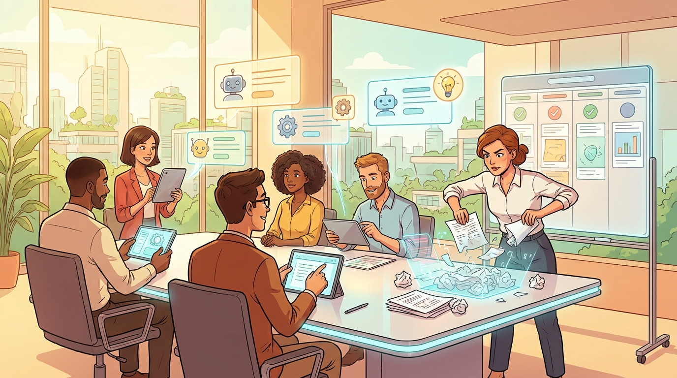 Cartoon professionals collaborating with AI agents to turn messy work into a trusted career portfolio