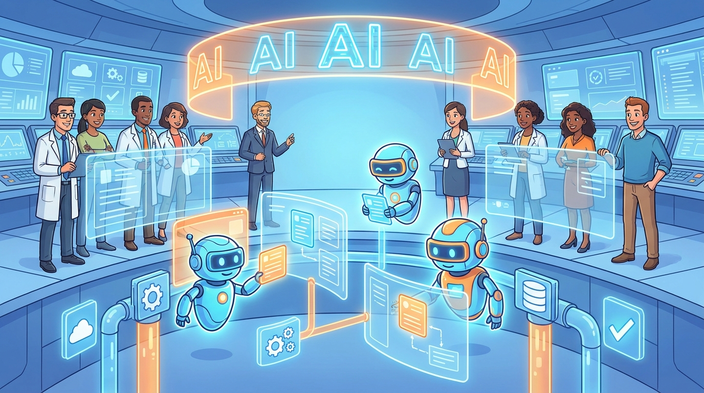 Cartoon professionals supervising AI agents moving workflow tasks across apps, APIs, data systems, and approval gates