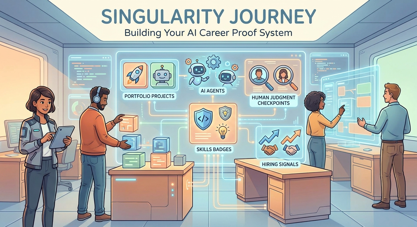Cartoon professionals building an AI career proof dashboard with portfolio projects, skills badges, metrics, and human judgment checkpoints