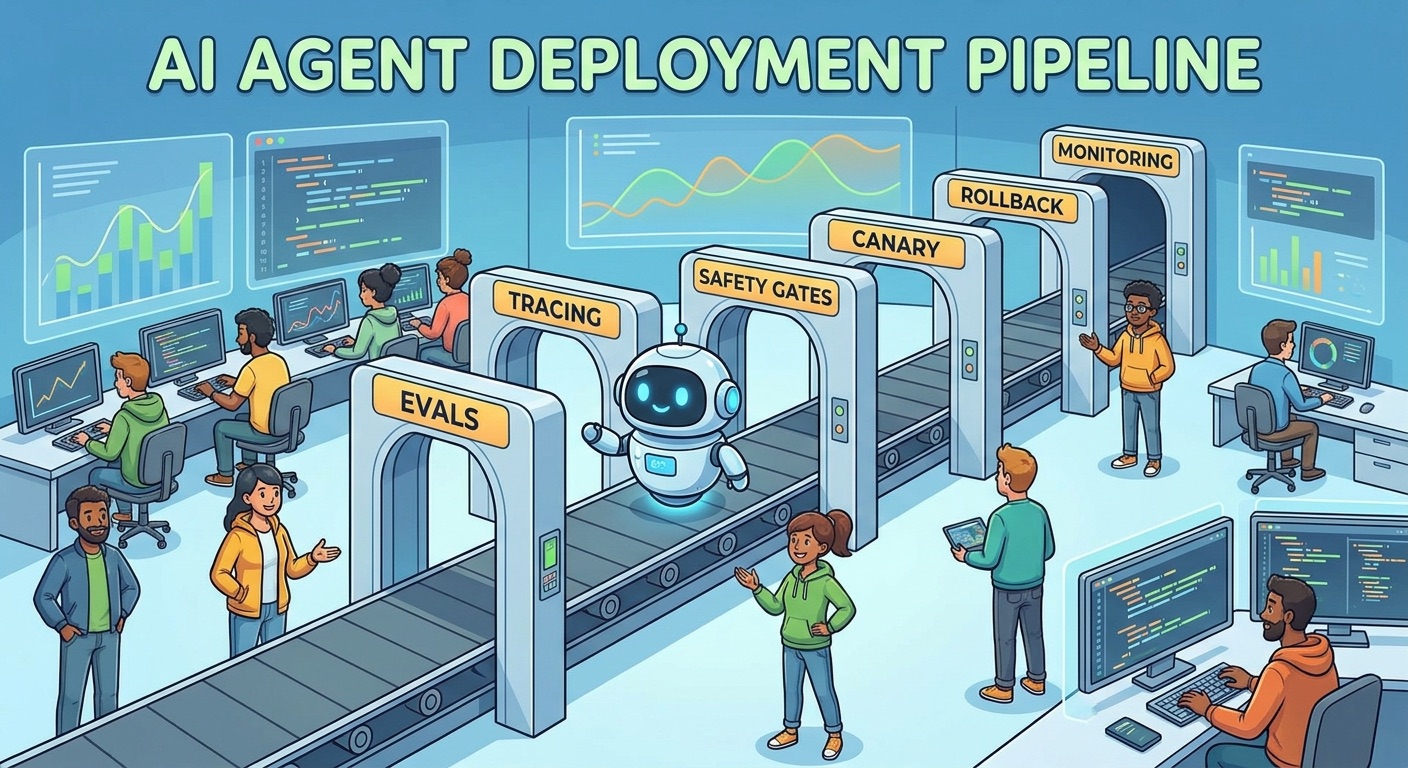 Cartoon developers launching an AI agent through a deployment pipeline with evals tracing safety gates canary rollout monitoring and rollback