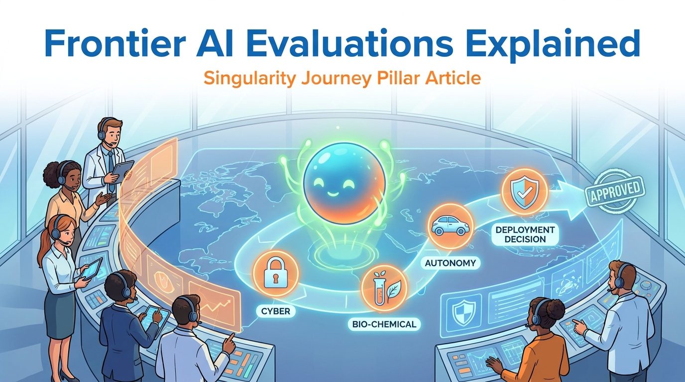 Cartoon safety researchers observing a frontier AI model passing cyber, bio-chemical, autonomy, safeguards, and deployment checkpoints