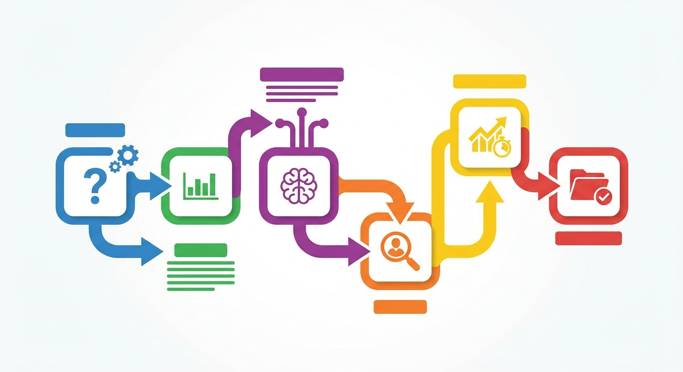 Colorful flow diagram showing how an AI-assisted workflow becomes portfolio proof through problem framing, human checkpoints, metrics, and artifacts