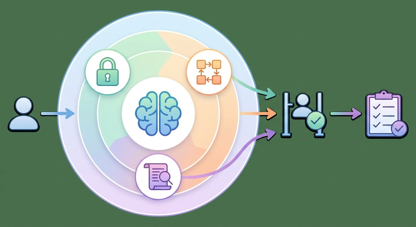 Colorful flow diagram showing an AI agent workflow with planning, permissions, APIs, audit logs, human approval, and task completion