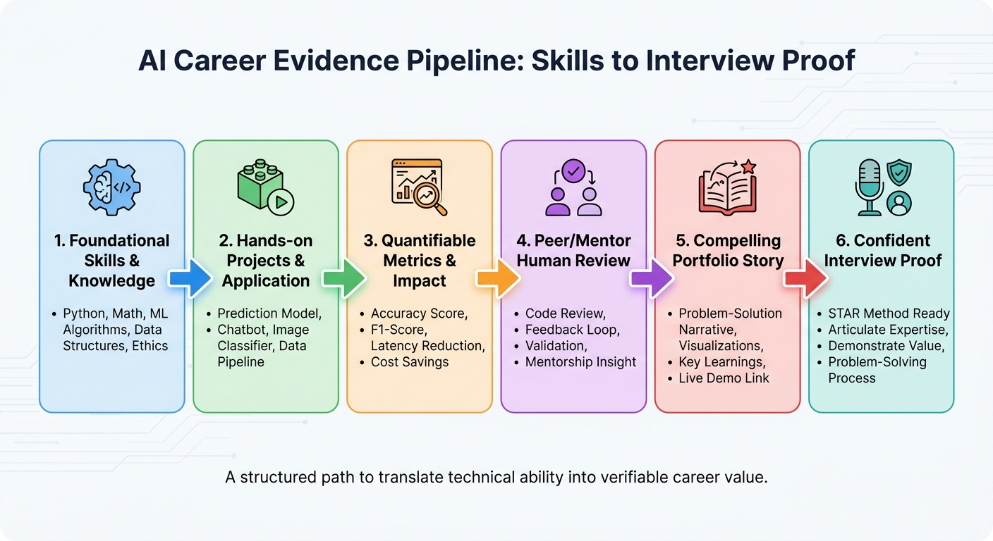 Flow diagram showing an AI career evidence pipeline from skills to projects, metrics, human review, portfolio story, and interview proof