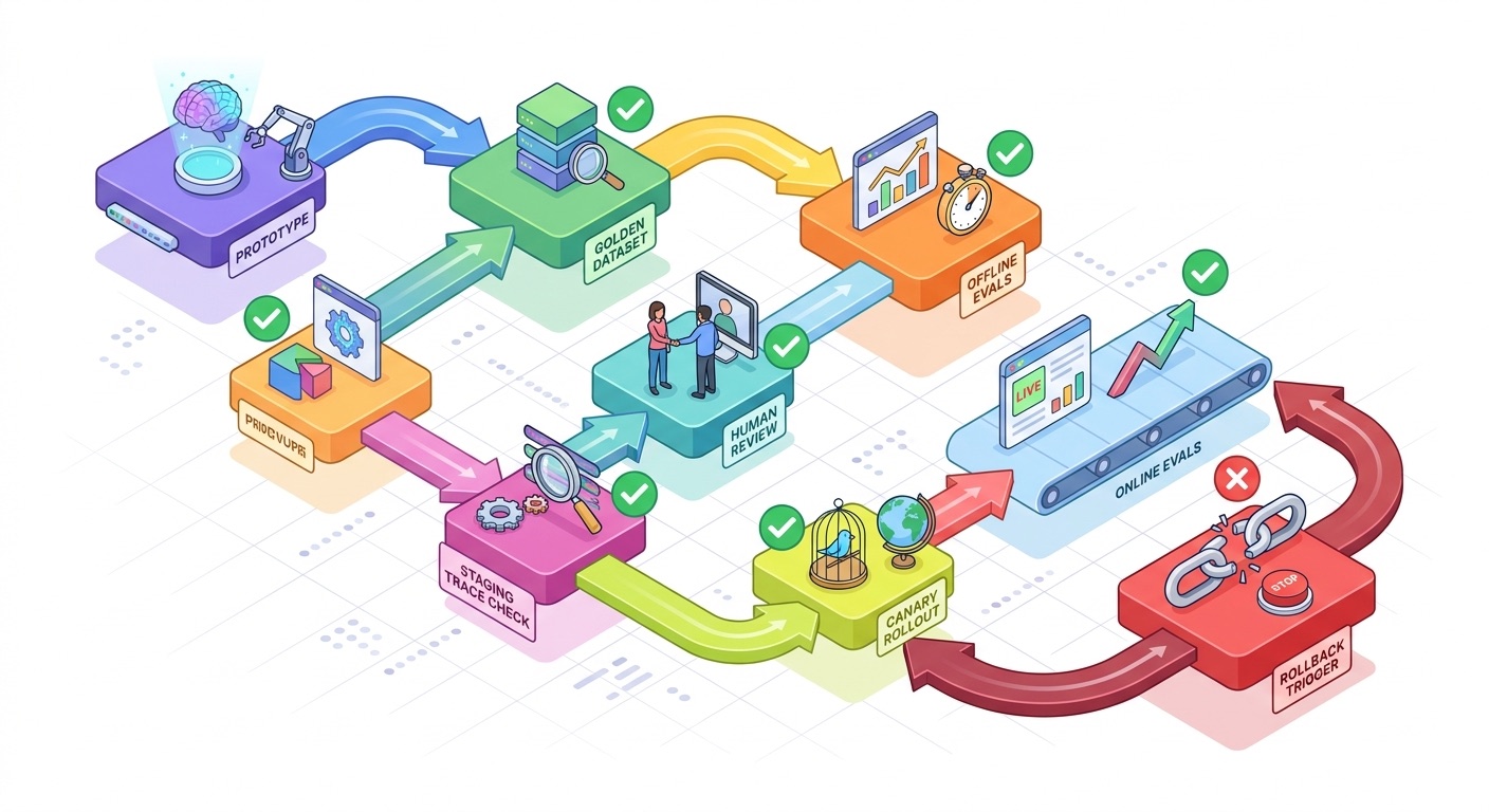 Workflow diagram showing an AI agent release pipeline from prototype to golden dataset offline evals trace review staging canary online evals and rollback