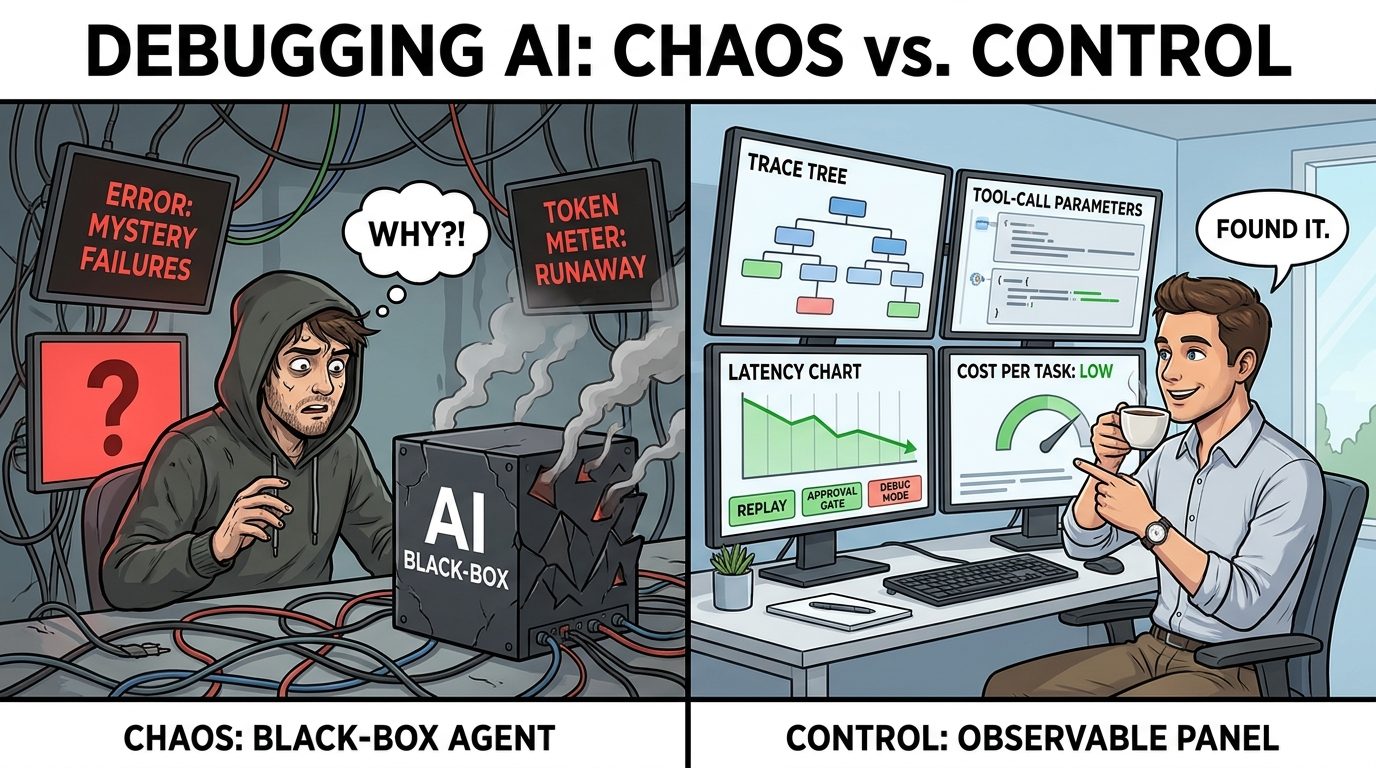 Split-screen illustration comparing black-box AI agent debugging with observable AI agent debugging using traces, tool-call parameters, cost meters, latency charts, replay, and approval gates