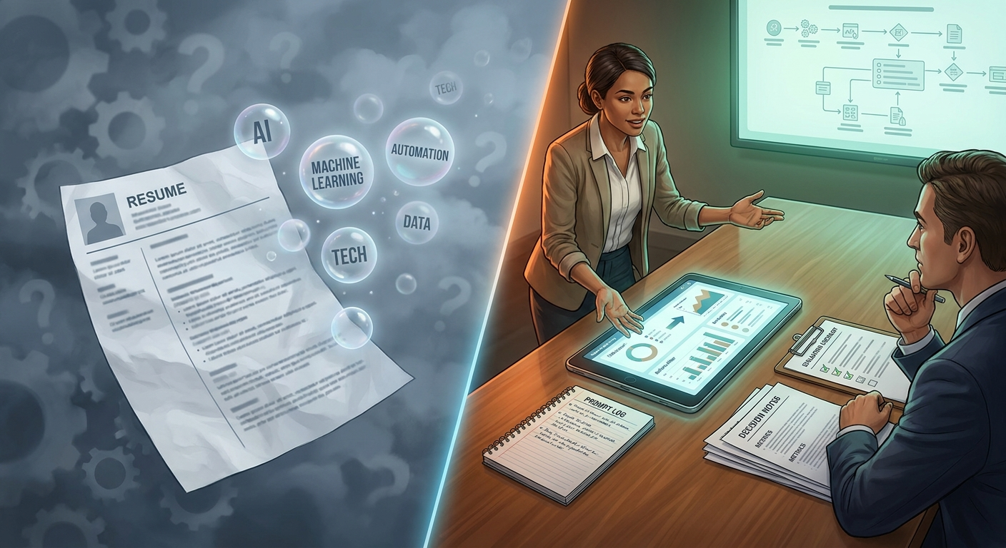 Split-screen illustration comparing weak AI buzzword claims with strong portfolio evidence presented to a recruiter