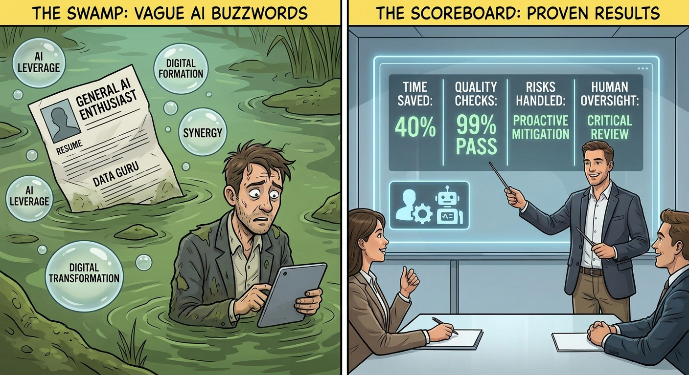 Split-screen illustration comparing a vague AI buzzword resume with a candidate presenting measurable AI portfolio evidence and human oversight