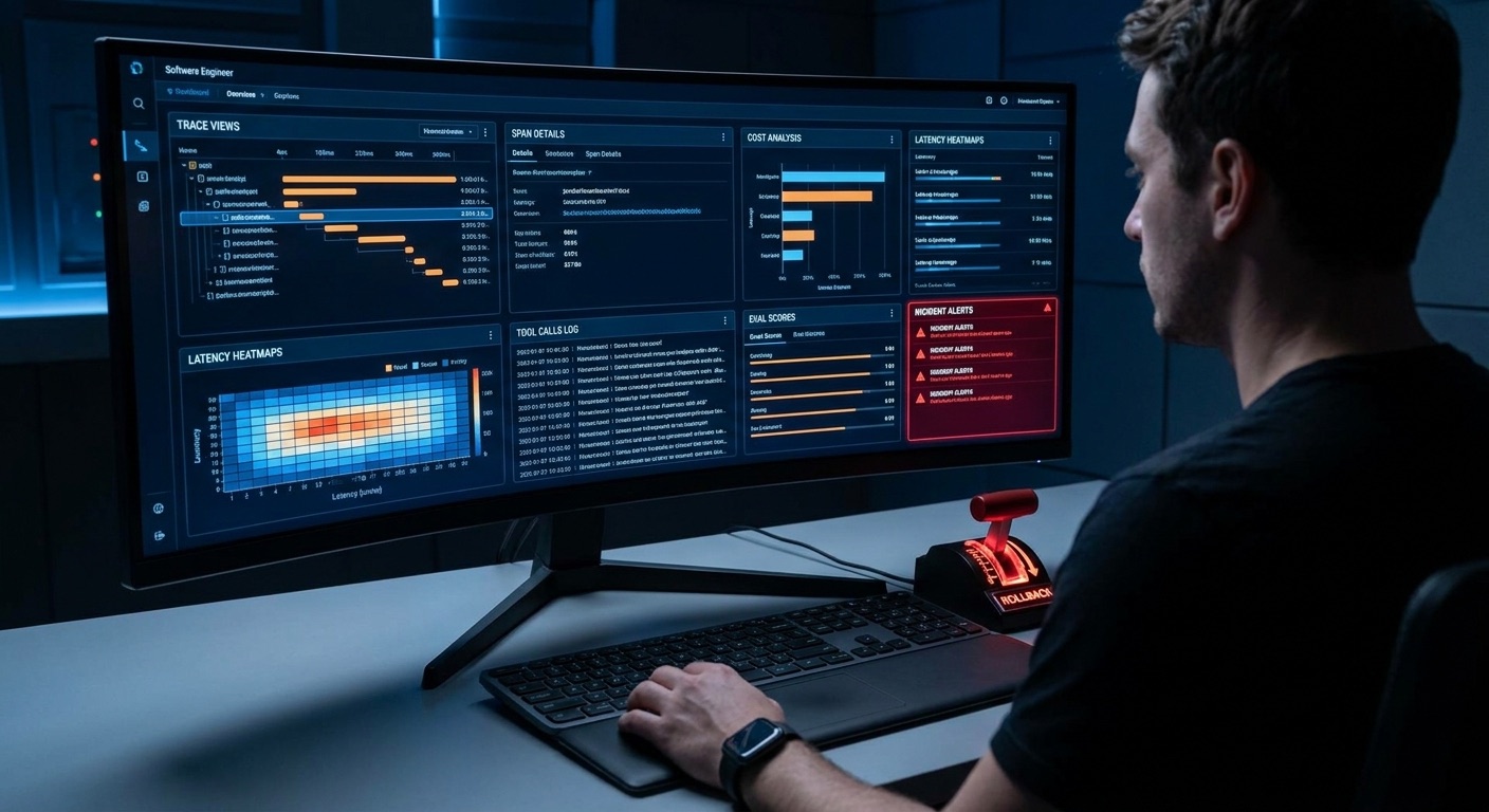 Developer reviewing an AI agent observability dashboard with traces cost latency tool calls eval scores incident alerts and rollback controls