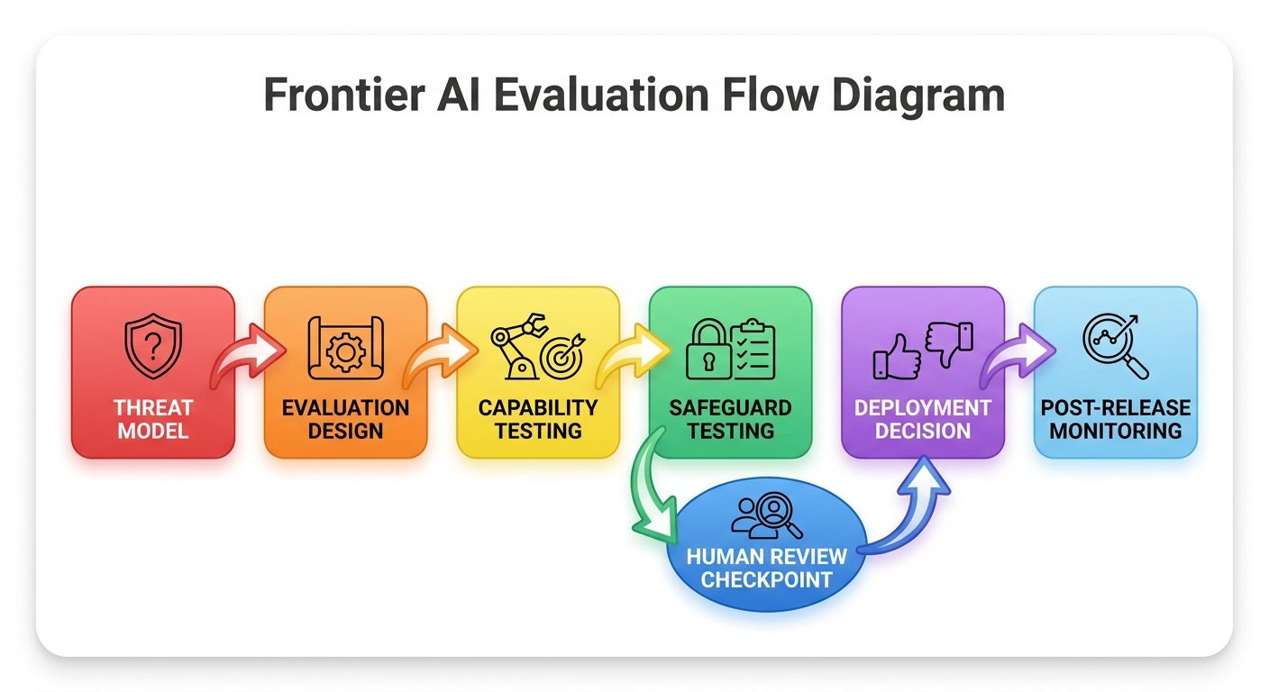 Flow diagram showing frontier AI evaluation from threat model to eval design, testing, safeguards, deployment decision, and monitoring