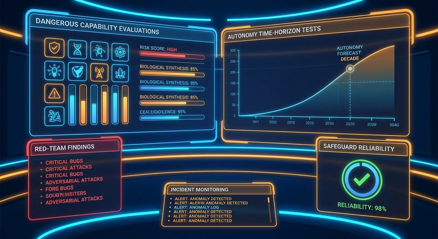 Futuristic dashboard matrix comparing dangerous capability evaluations, misuse tests, autonomy horizons, red-team findings, and incident monitoring
